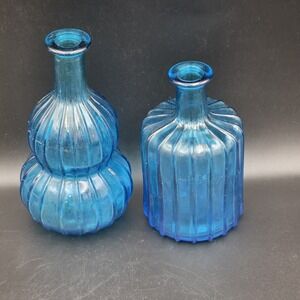 2 Vintage Empoli Type Blue Glass Ribbed Pattern Genie Bottle No Stopper